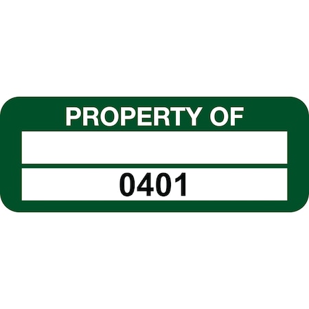 Lustre-Cal Property ID Label PROPERTY OF Polyester Green 2in x 0.75in 1 Blank Pad&Serialized 0401-0500,100PK 253744Pe2G0401